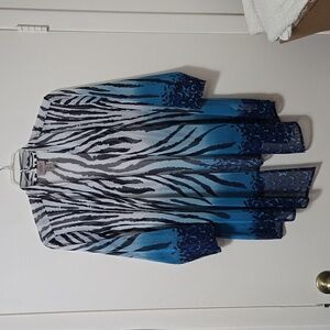 Easywear by Chicos sheer kimono blouse Womens Blue Animal Print Swim Beach Sz XL